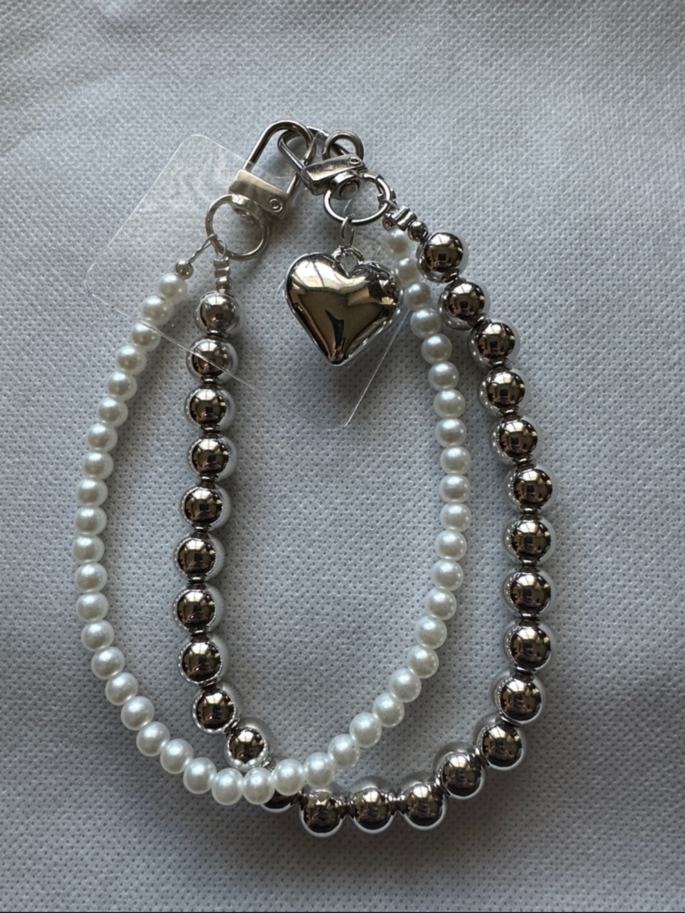 Silver and White Double Strand Beaded Keychain or Bag Accessory with Heart Charm